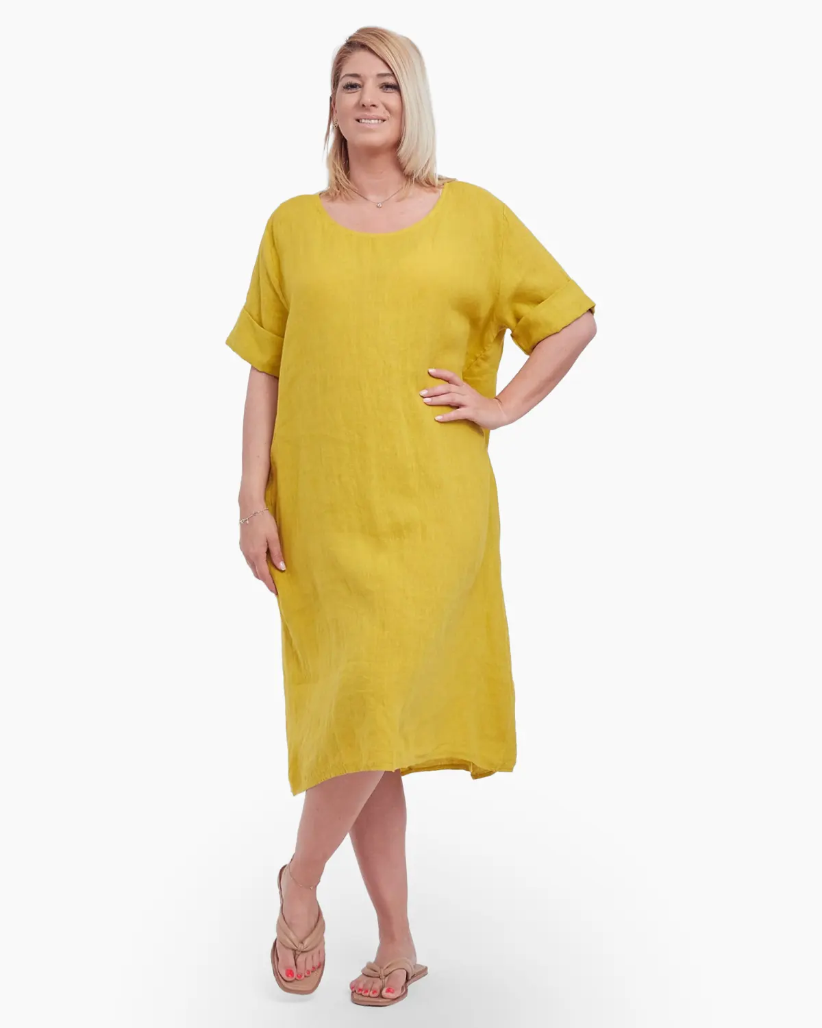 Rochii din In - Rochie din in, cu buzunare si decolteu simplu, rotund, culoare galben