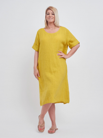 Rochii din In - Rochie din in, cu buzunare si decolteu simplu, rotund, culoare galben