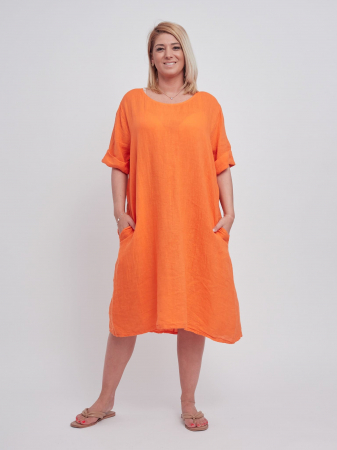 Rochii din In - Rochie din in, cu buzunare si decolteu simplu, rotund, culoare orange