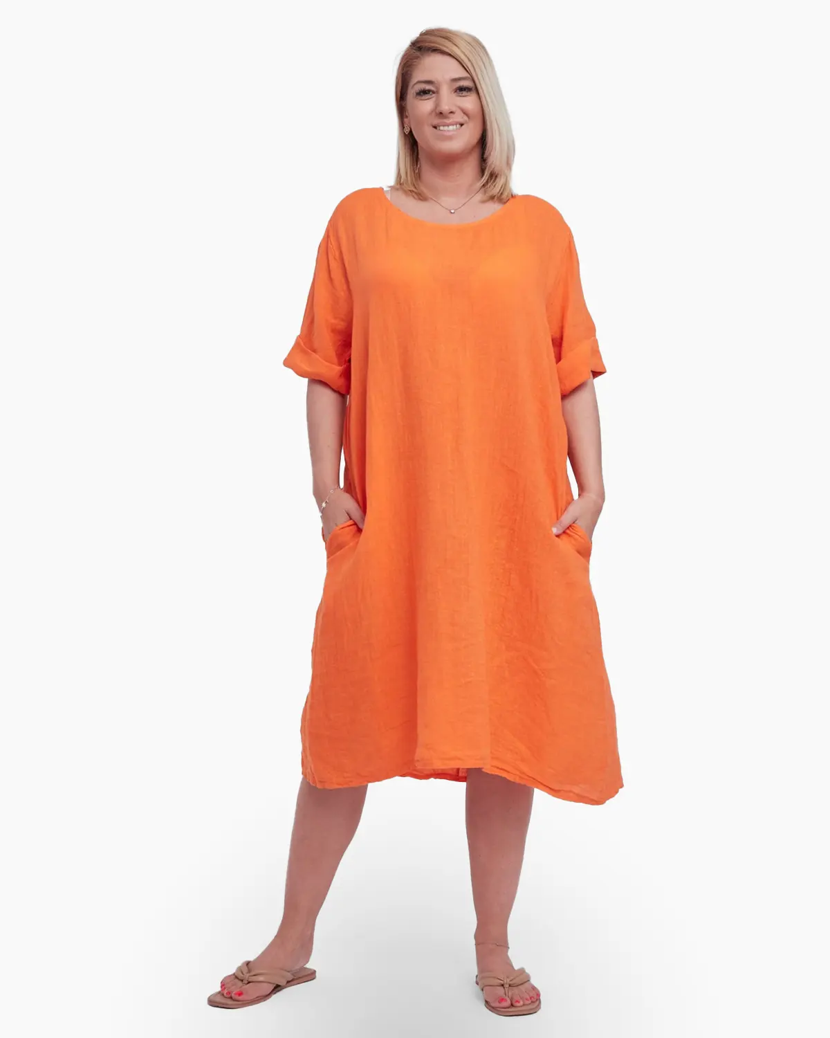 Rochii din In - Rochie din in, cu buzunare si decolteu simplu, rotund, culoare orange