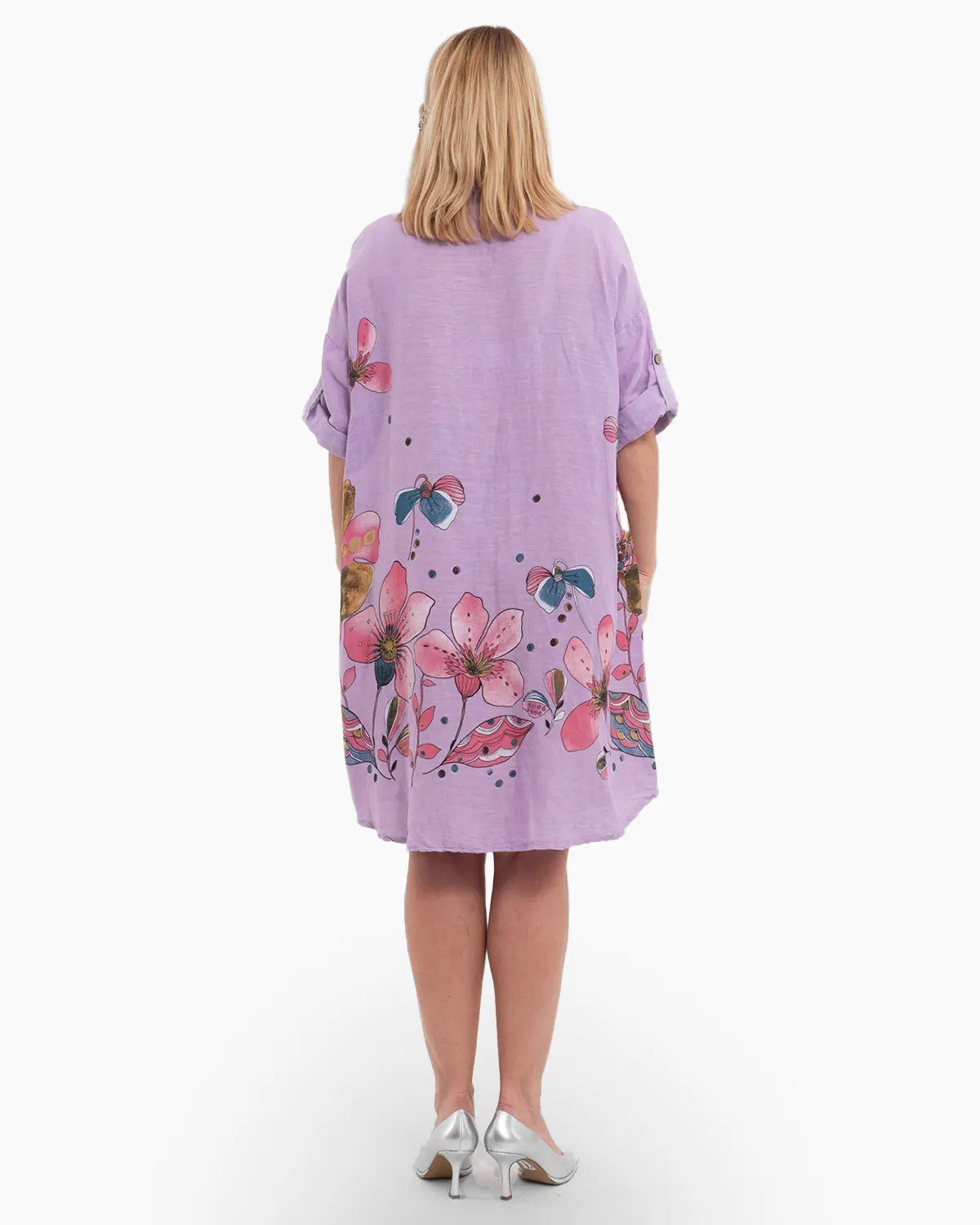 Rochie din in oversized roz cu imprimeu floral si nasturi eleganti [1]