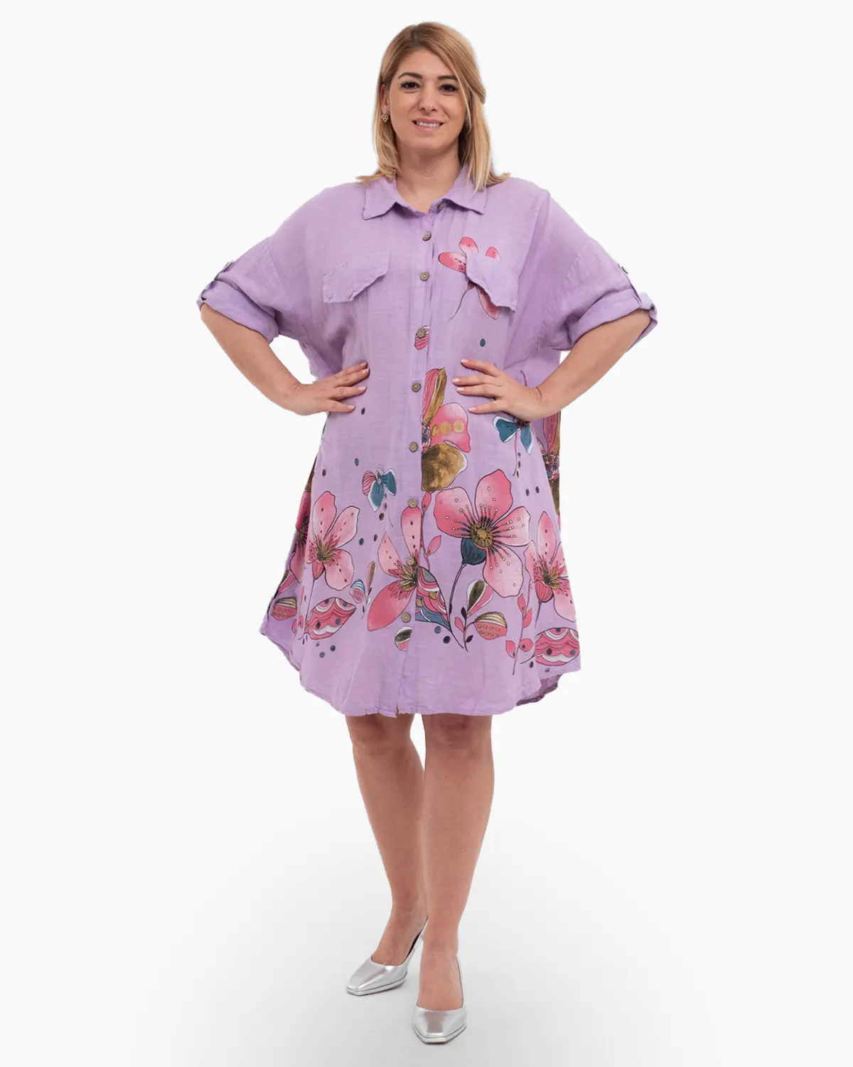 Rochii la Promoție - Rochie din in oversized roz cu imprimeu floral si nasturi eleganti