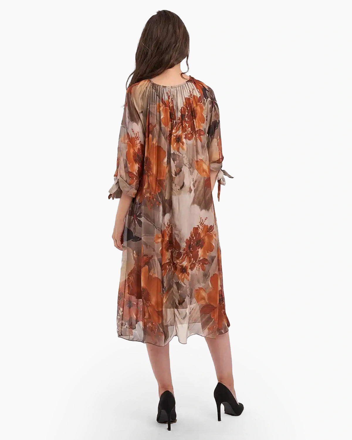 Rochie din matase cu flori pe fond maro [1]