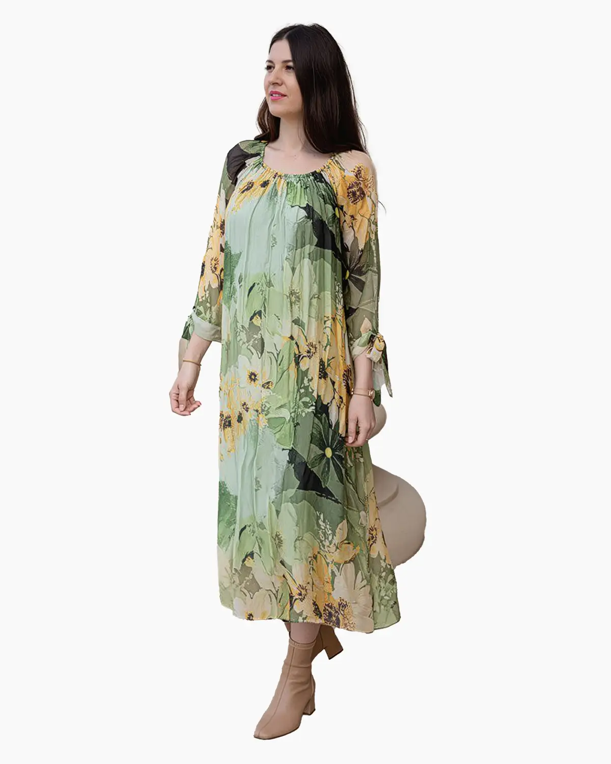 Rochie din matase cu flori pe fond verde [1]