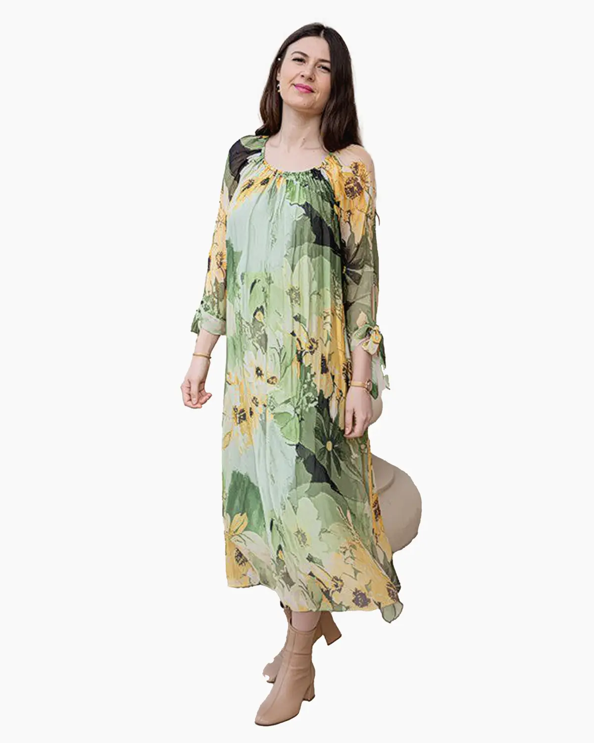 Rochii din Mătase - Rochie din matase cu flori pe fond verde