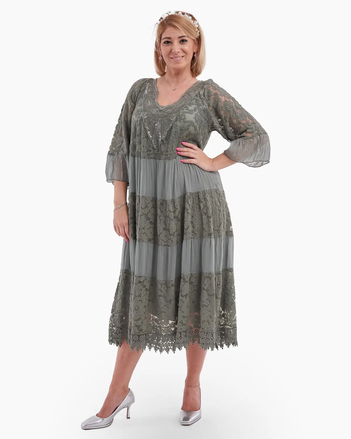 Rochie din matase cu maneca dantelata kaki [1]