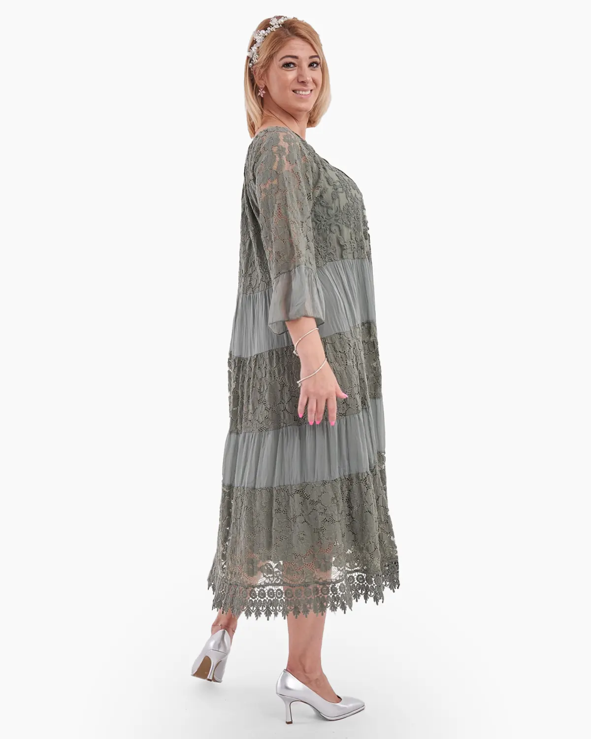 Rochie din matase cu maneca dantelata kaki [2]