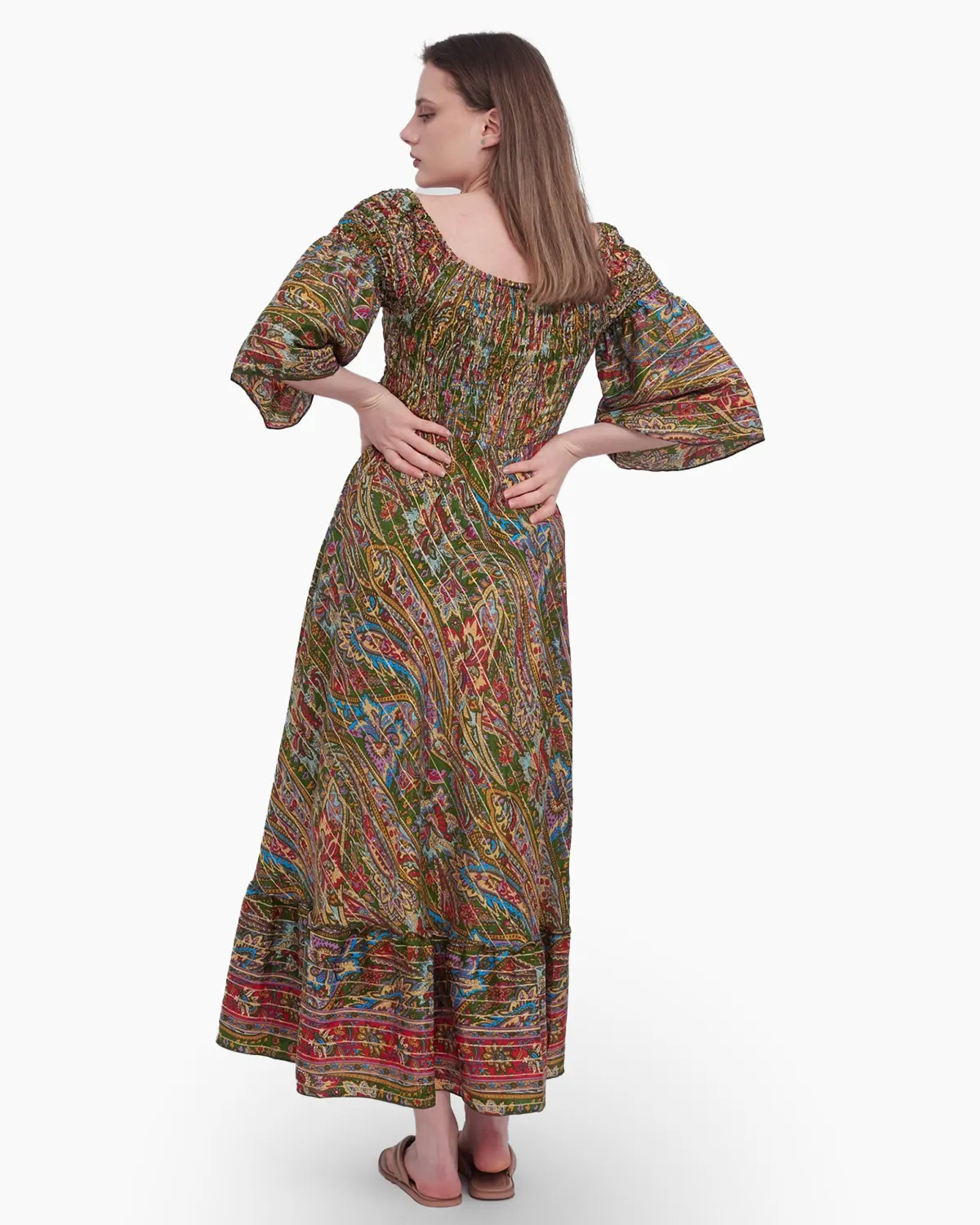 Rochie din matase indiana cu imprimeu arabesque verde si rosu [2]