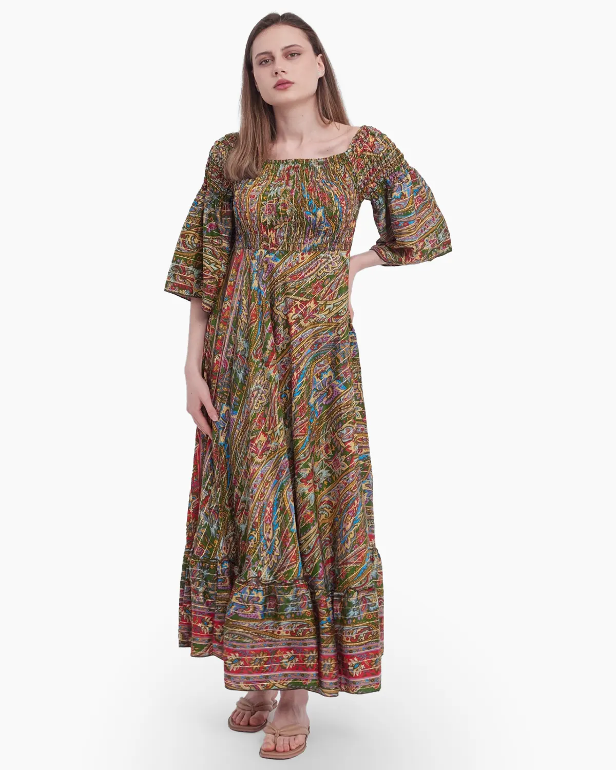 Rochii din Mătase - Rochie din matase indiana cu imprimeu arabesque verde si rosu