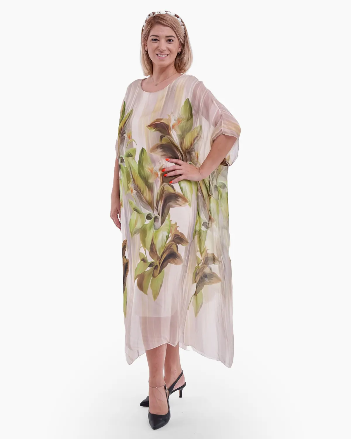 Rochii din Mătase - Rochie din matase si vascoza cu model floral bej