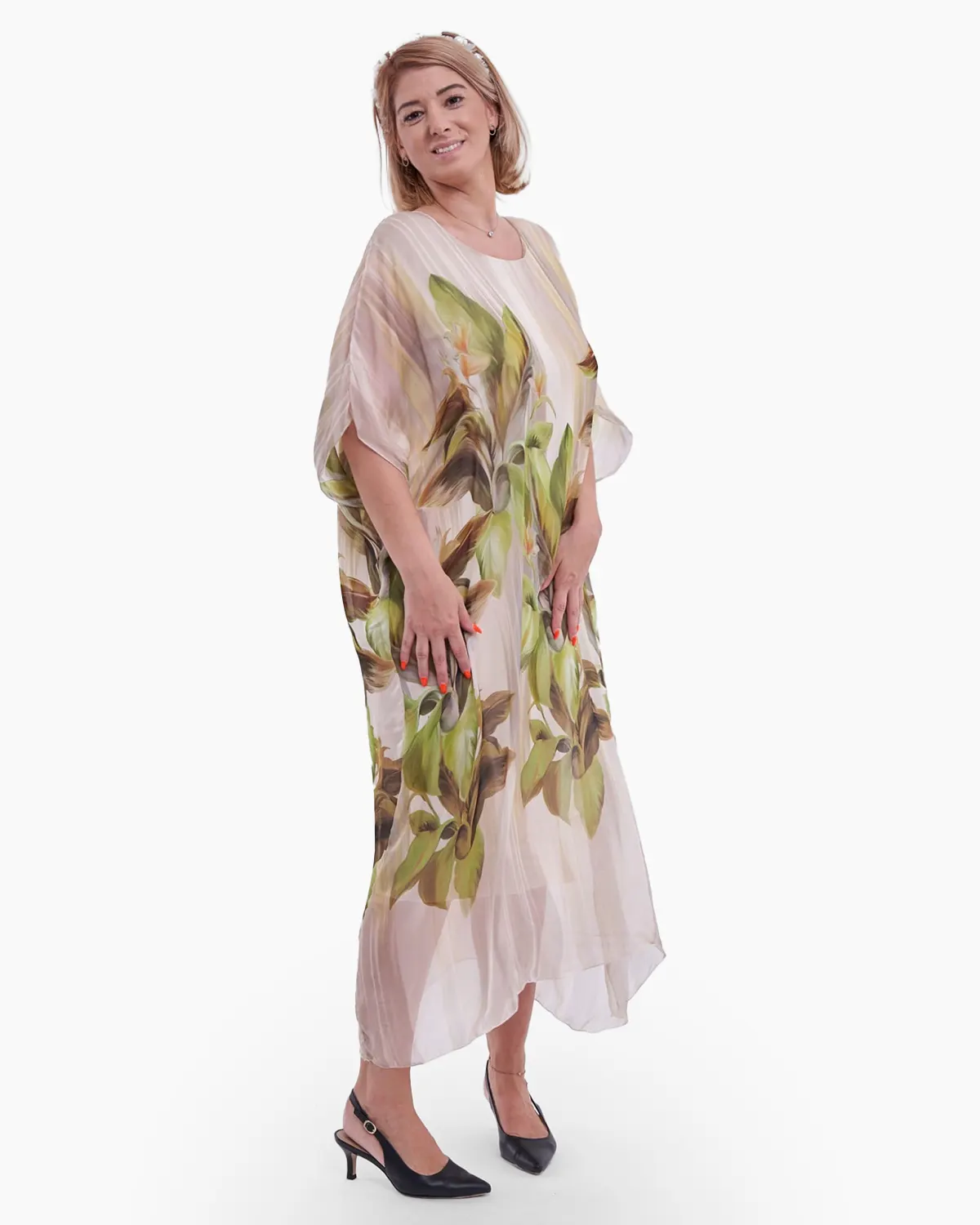 Rochie din matase si vascoza cu model floral bej [2]