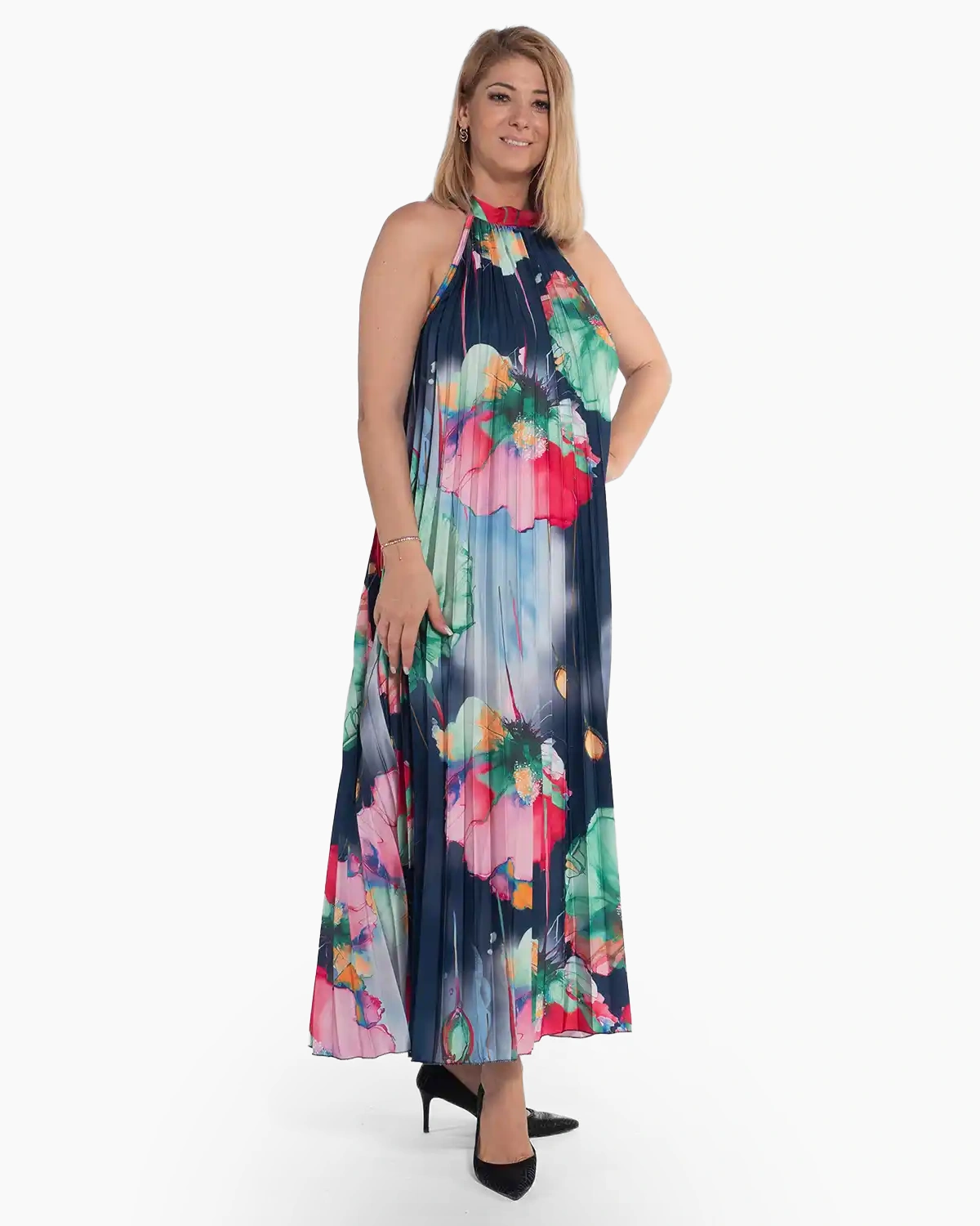 Rochie glam maxi bleumarin plisată cu imprimeu floral [3]