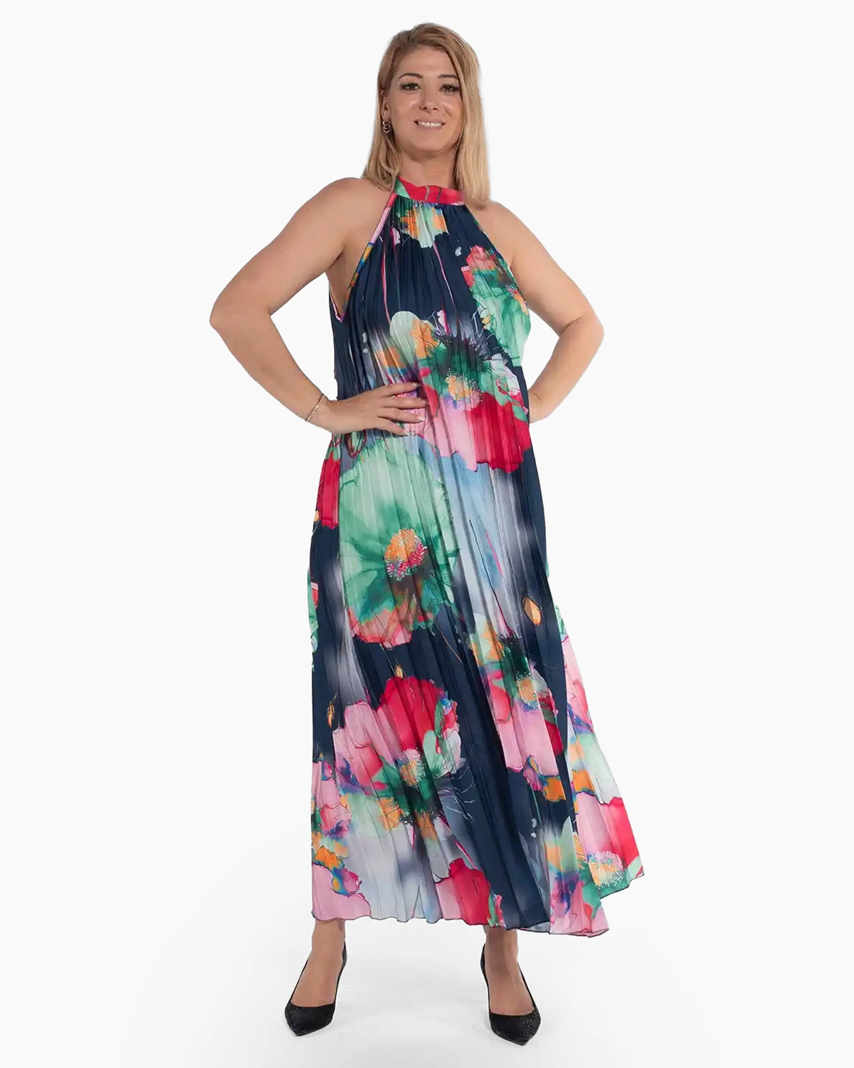 Rochii - Rochie glam maxi bleumarin plisată cu imprimeu floral
