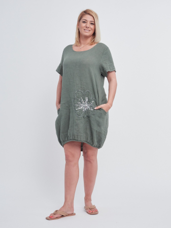 Rochii din In - Rochie kaki cu buzunare laterale si snur la baza