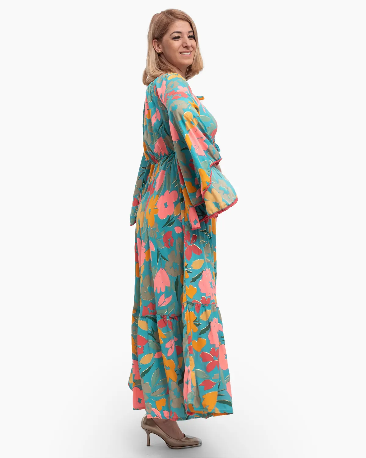 Rochie kimono din mătase bleu cu volane și umeri lați [3]
