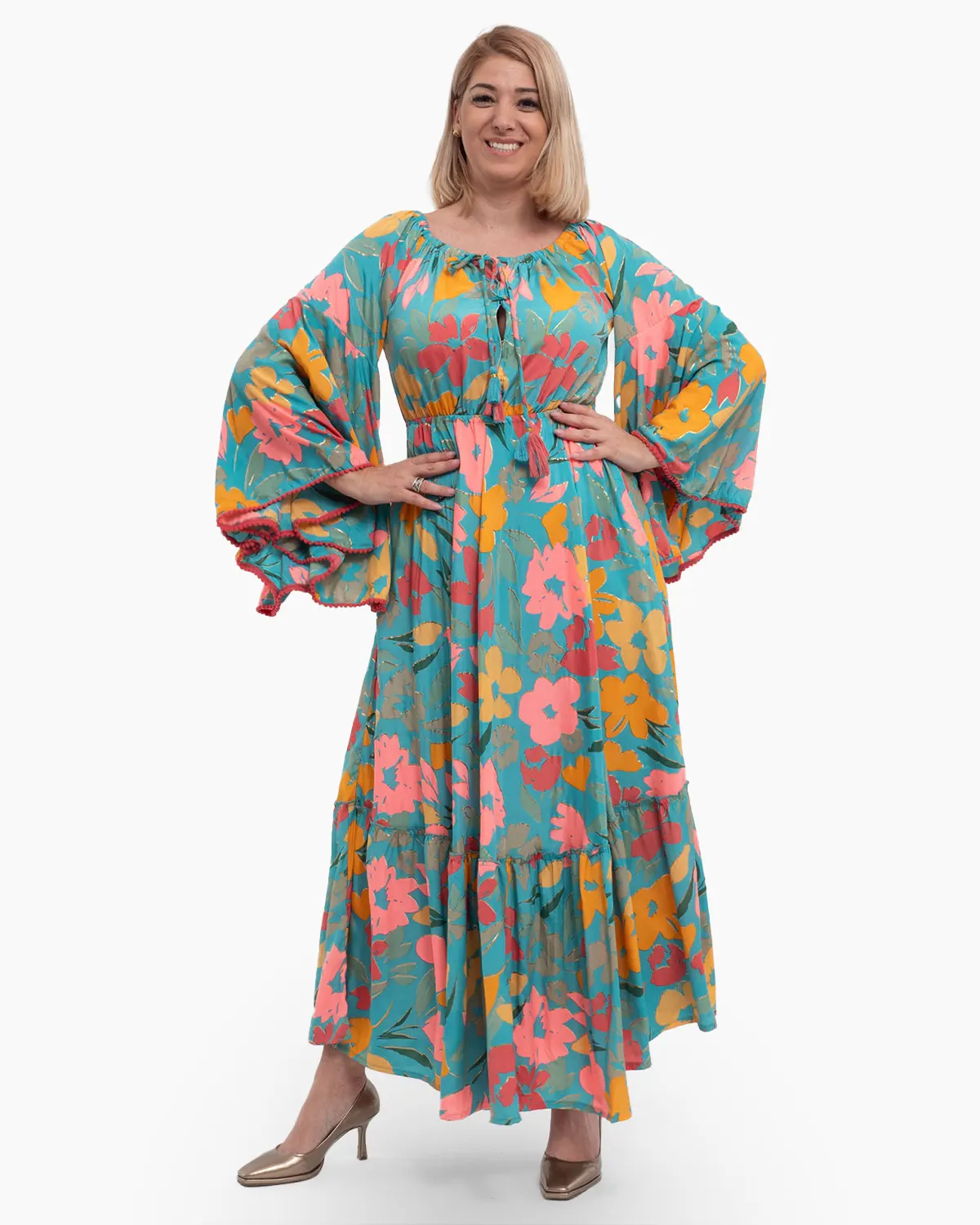 Rochii din Mătase - Rochie kimono din mătase bleu cu volane și umeri lați