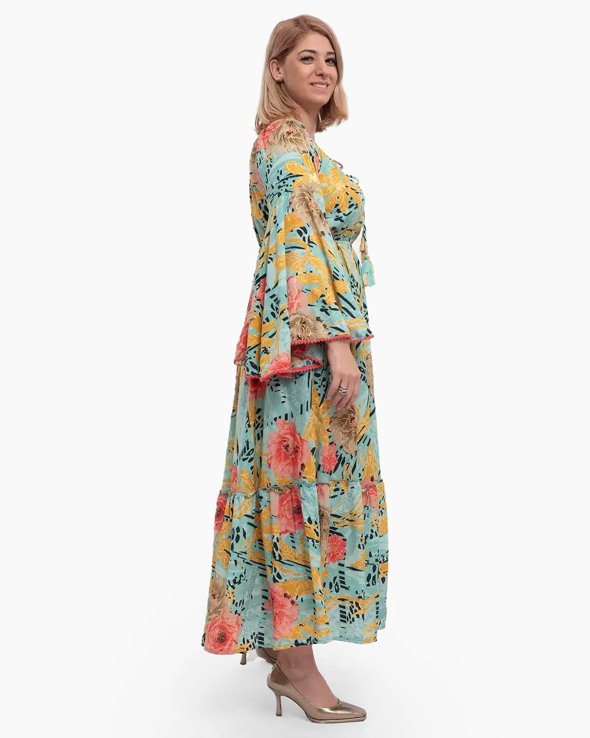 Rochie kimono din mătase multicoloră cu volane și umeri lați [3]