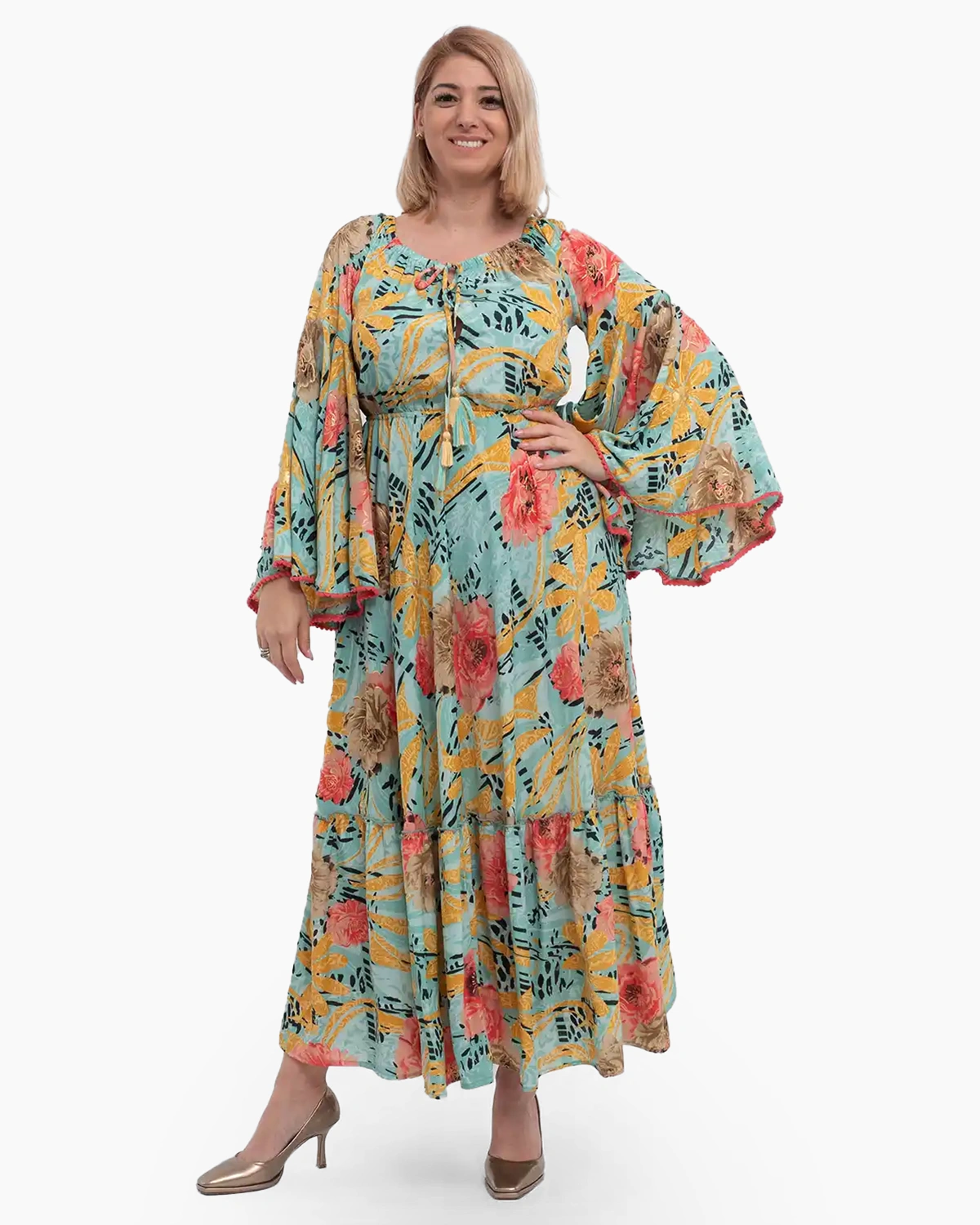 Rochii din Mătase - Rochie kimono din mătase multicoloră cu volane și umeri lați