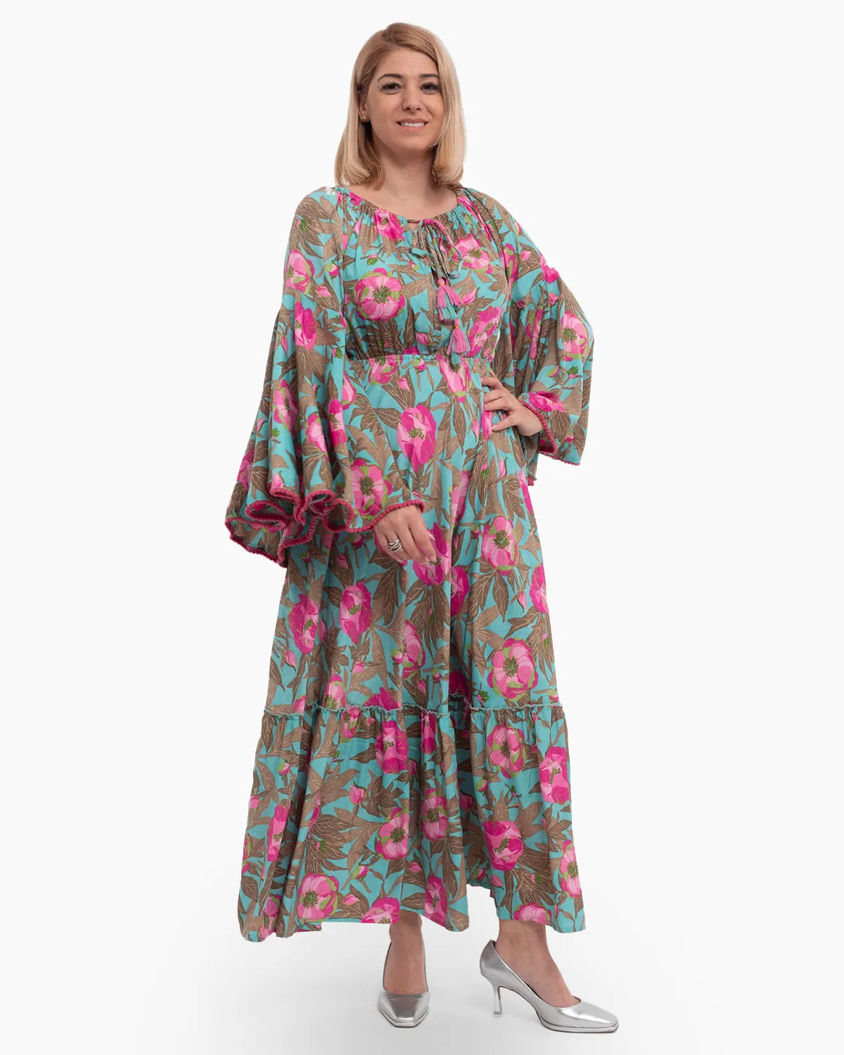 Rochie kimono din mătase turcoaz cu volane și umeri lați [2]