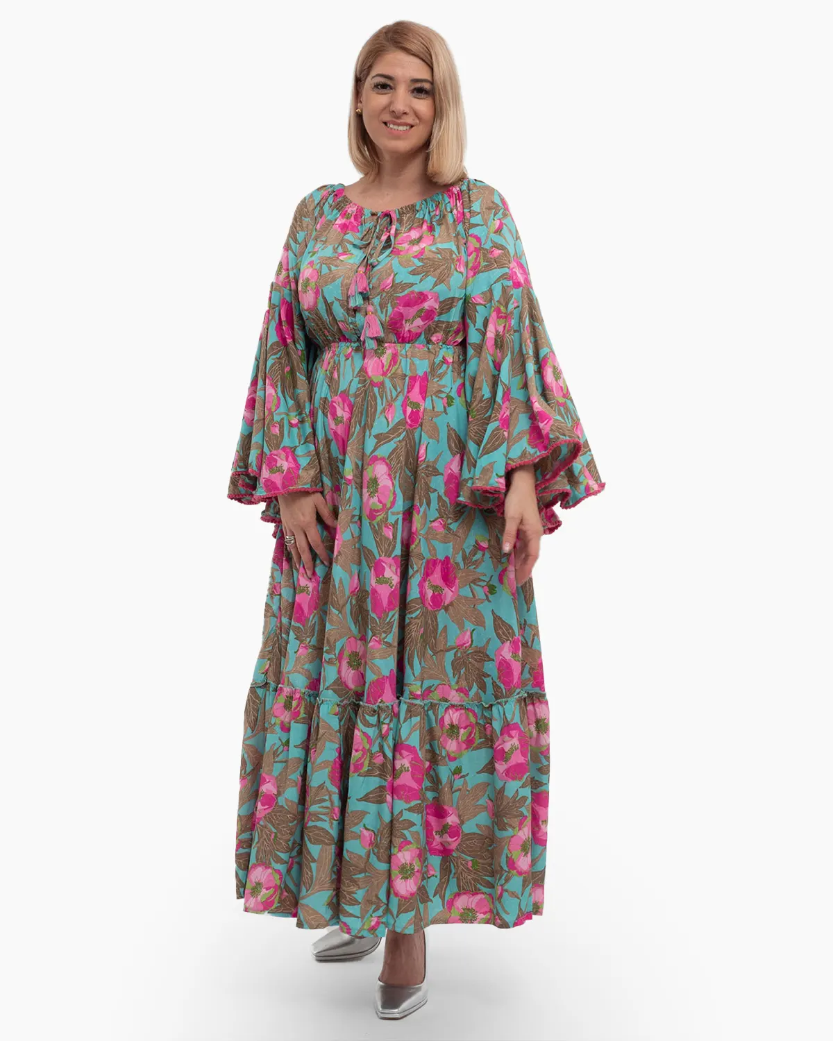 Rochii din Mătase - Rochie kimono din mătase turcoaz cu volane și umeri lați