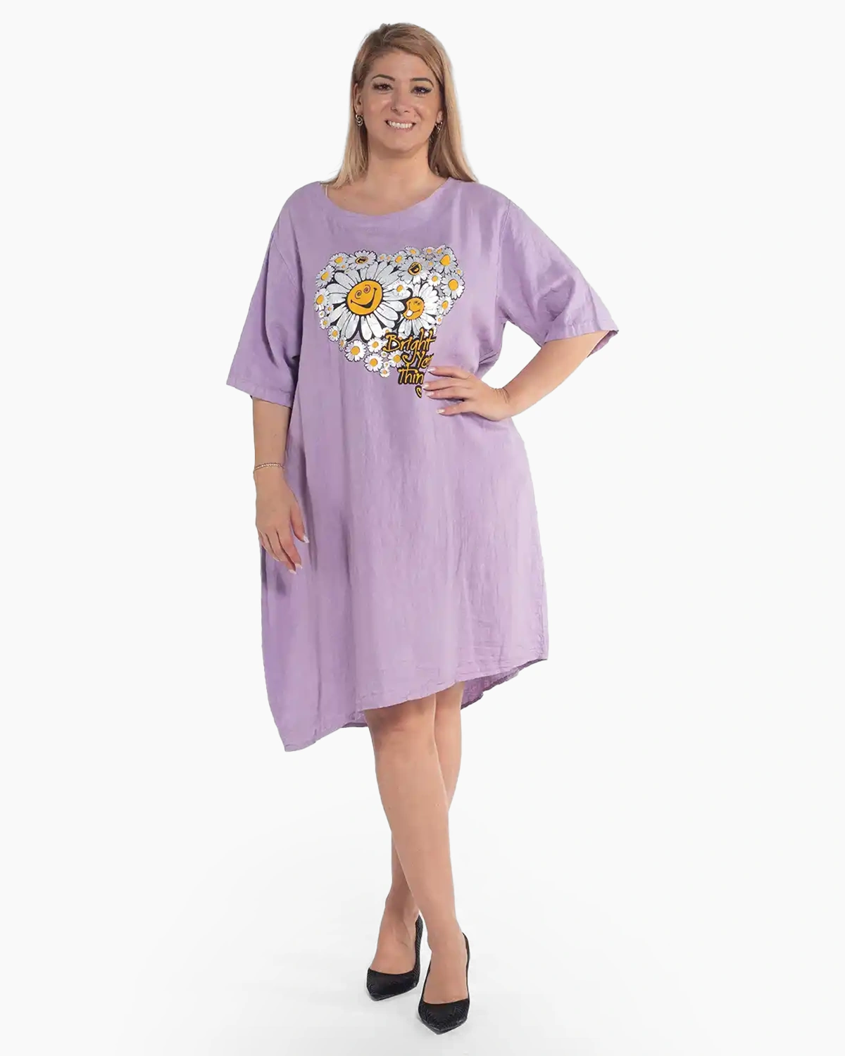 Rochii - Rochie lila casual din in cu design amplu și imprimeu floral