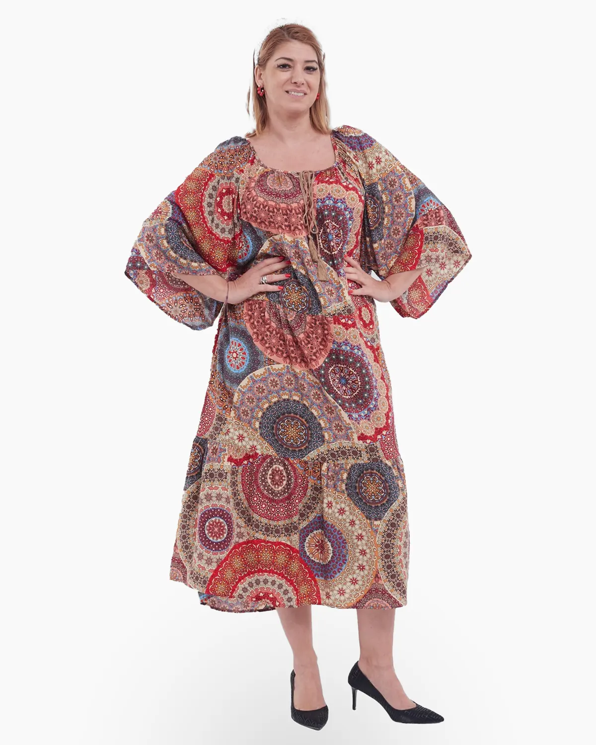 Rochie lungă boho cu imprimeu multicolor mandala , decolteu pătrat și maneci kimono, [1]