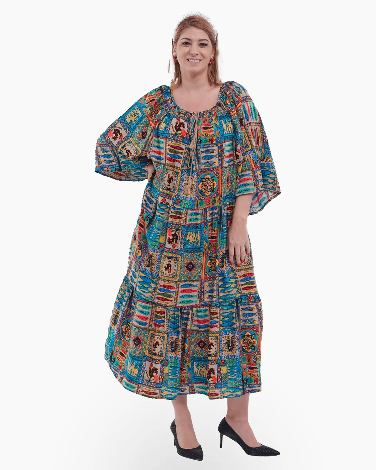 Rochie lungă boho multicolora chic cu volane, ciucuri și maneci evazate [1]