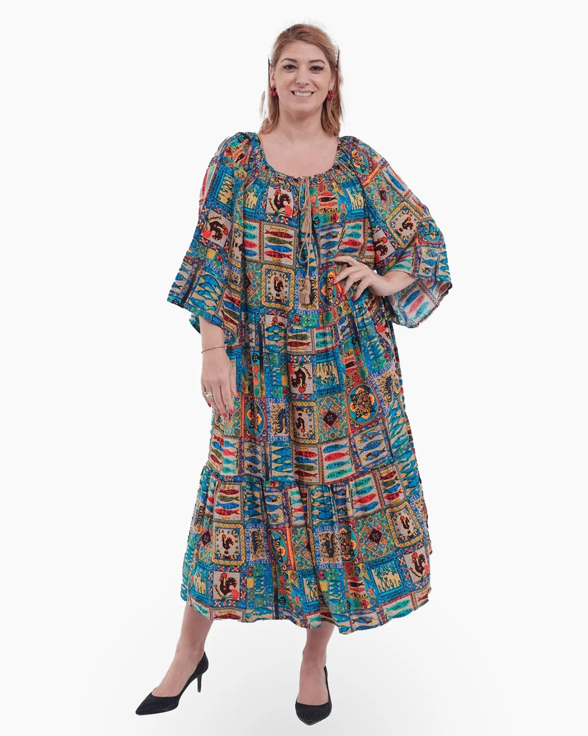 Rochii - Rochie lungă boho multicolora chic cu volane, ciucuri și maneci evazate