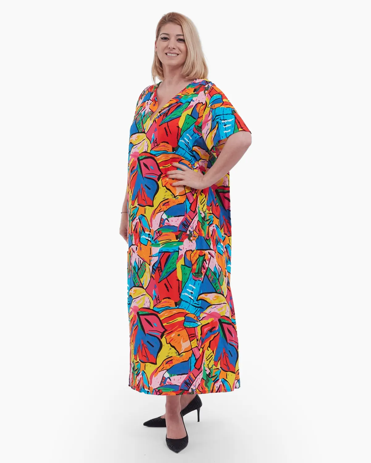 Rochii - Rochie lunga casual chic de vara cu imprimeu artistic picaso din viscoza fluida, croi lejer in A, decolteu V, talie unica, multi