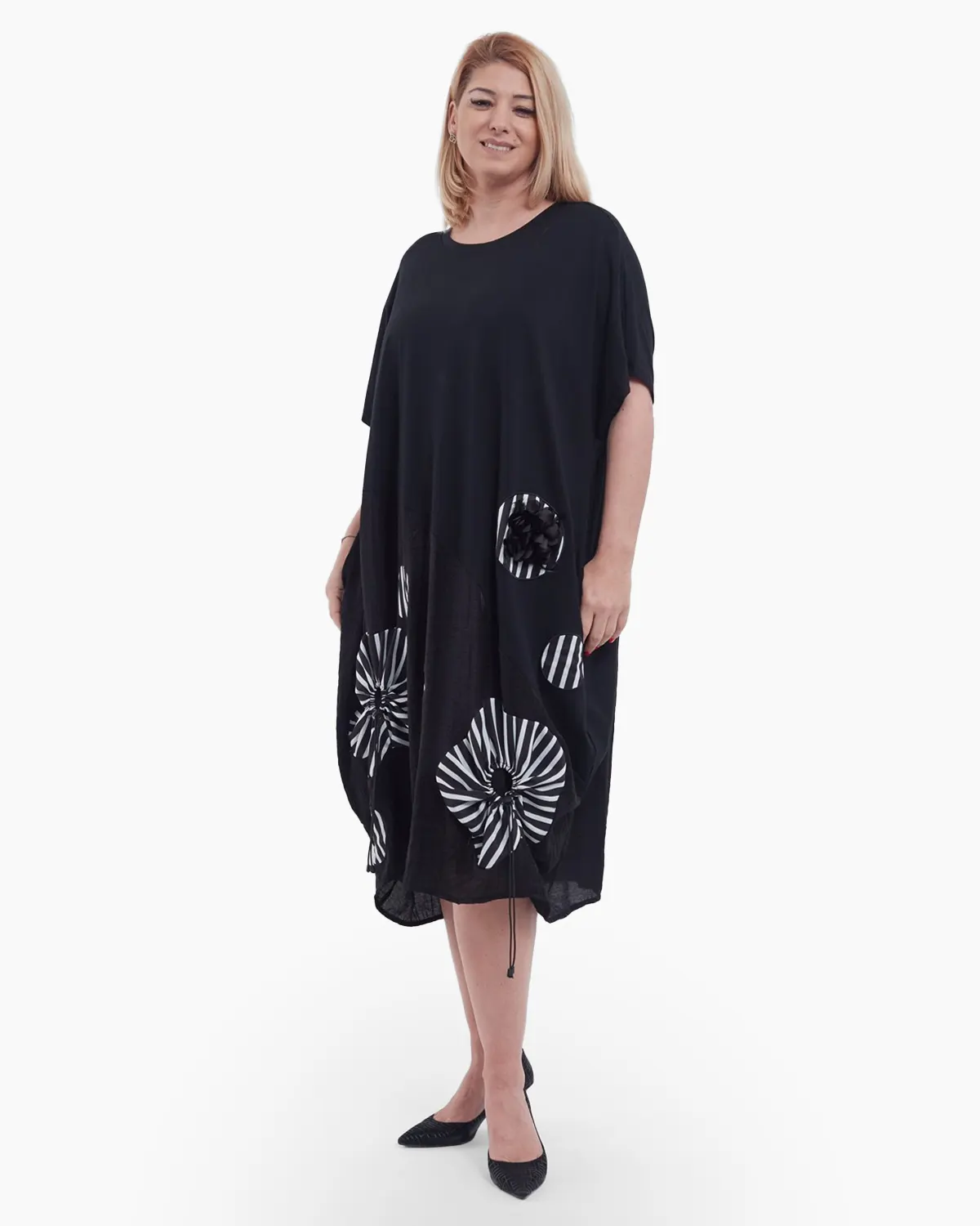 Rochie lunga casual din bumbac premium cu umeri cazuti croi A lejer si detalii florale argintii discrete buzunare negru argintiu [2]