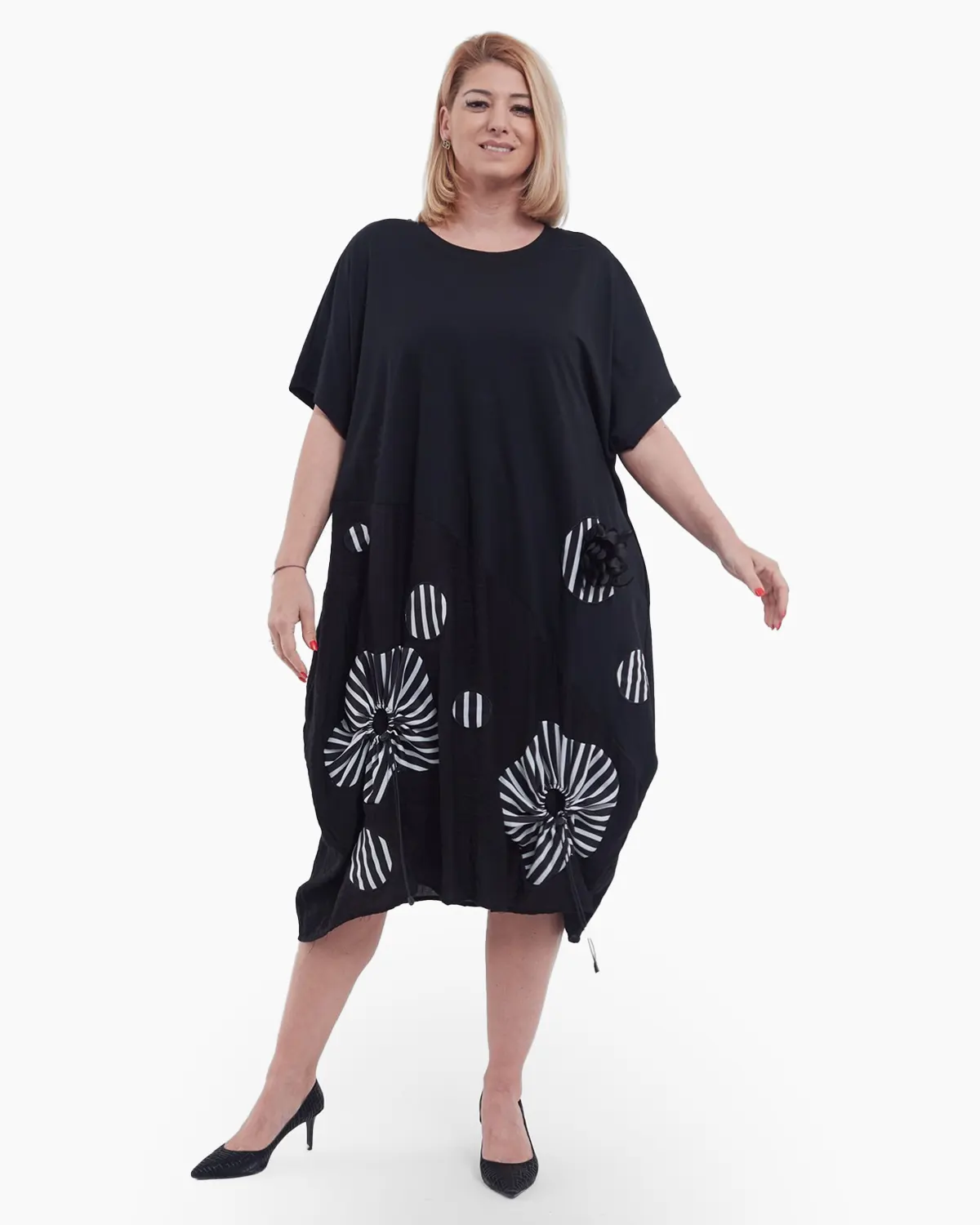 Rochii - Rochie lunga casual din bumbac premium cu umeri cazuti croi A lejer si detalii florale argintii discrete buzunare negru argintiu