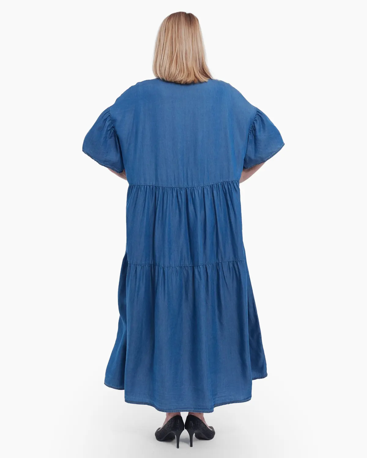 Rochie lunga casual din tencel fluid, cu umeri cazuti, volane chic la maneci si guler tunica, stil denim, albastru [1]