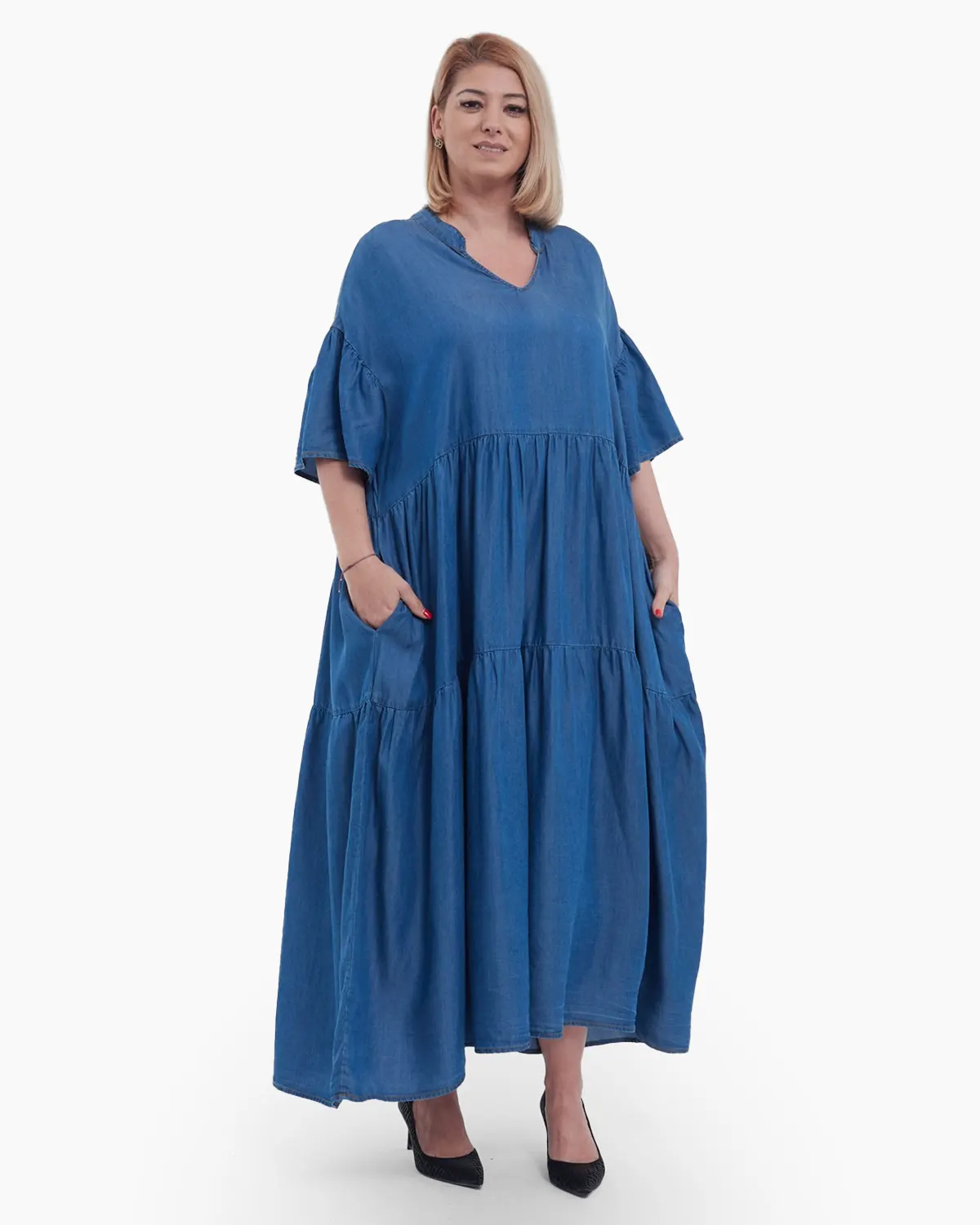 Rochie lunga casual din tencel fluid, cu umeri cazuti, volane chic la maneci si guler tunica, stil denim, albastru [3]