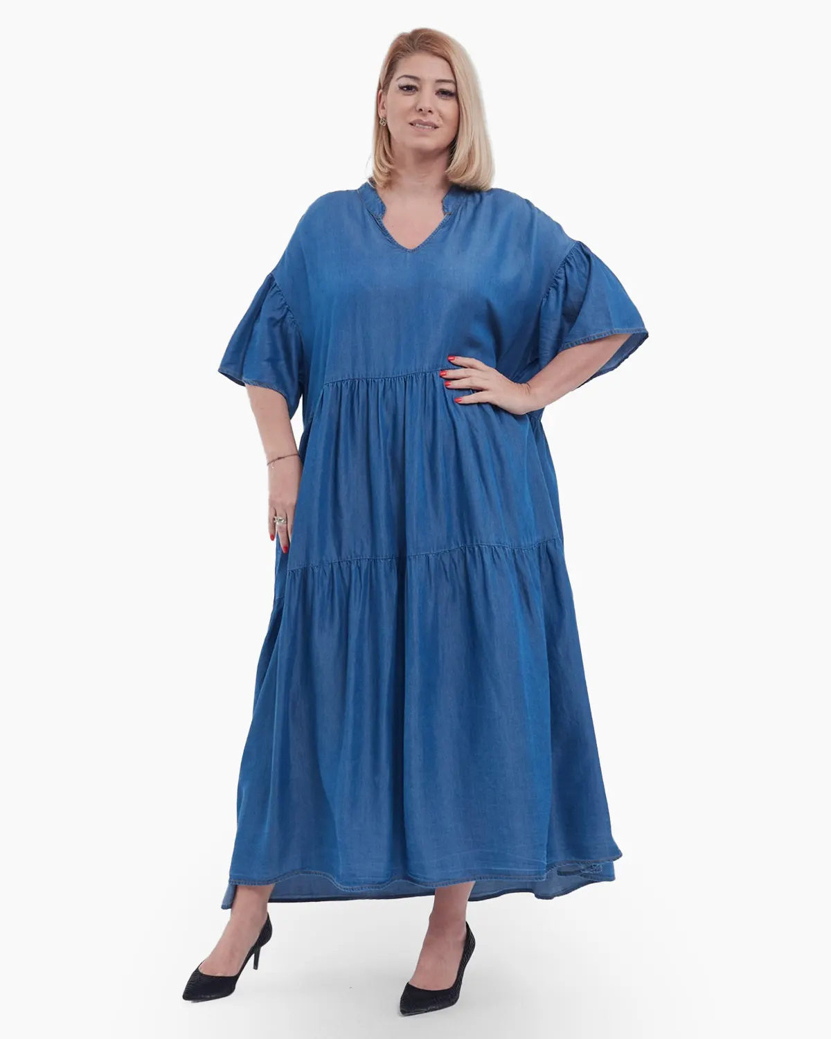 Rochii - Rochie lunga casual din tencel fluid, cu umeri cazuti, volane chic la maneci si guler tunica, stil denim, albastru