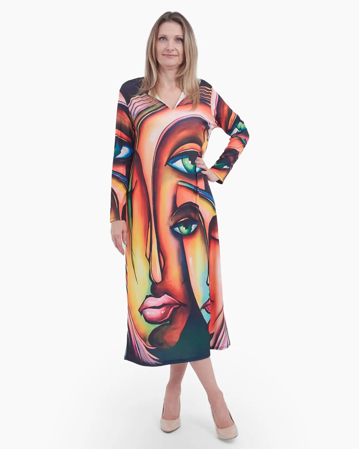 Rochii - Rochie lunga, croi drept cu imprimeu abstract "chip feminin"