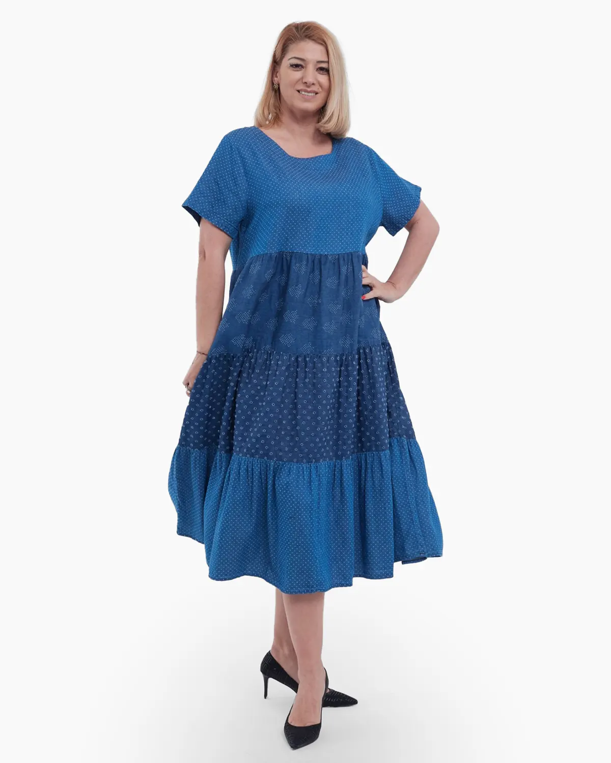 Rochie lunga de vara casual chic din bumbac si lyocel cu imprimeu buline si broderie delicata croiala A lejera talie unica albastru [2]