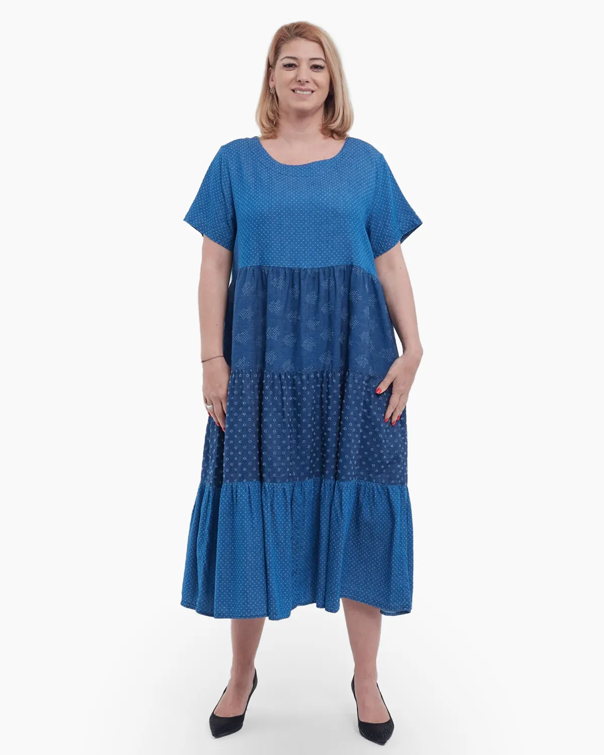 Rochii - Rochie lunga de vara casual chic din bumbac si lyocel cu imprimeu buline si broderie delicata croiala A lejera talie unica albastru