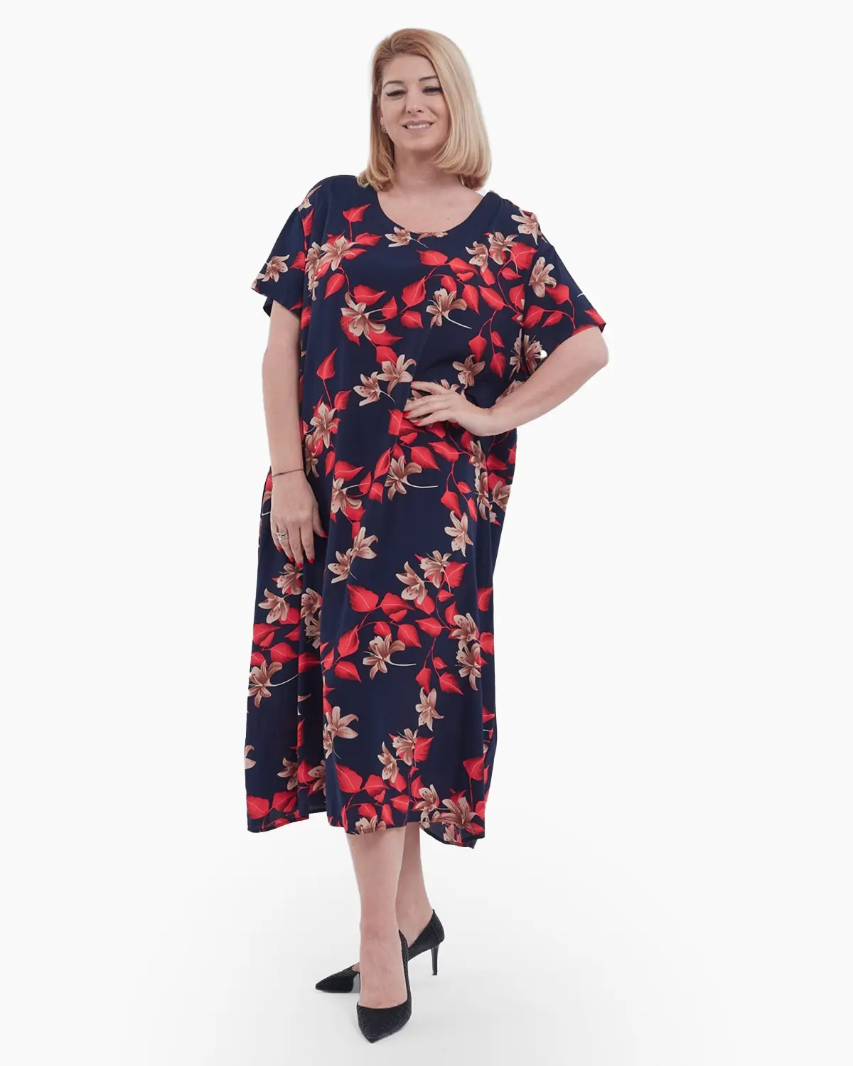 Rochii - Rochie lunga de vara cu imprimeu floral diafan, maneci scurte, buzunare practice si croi lejer din viscoza fluida, bleumarin