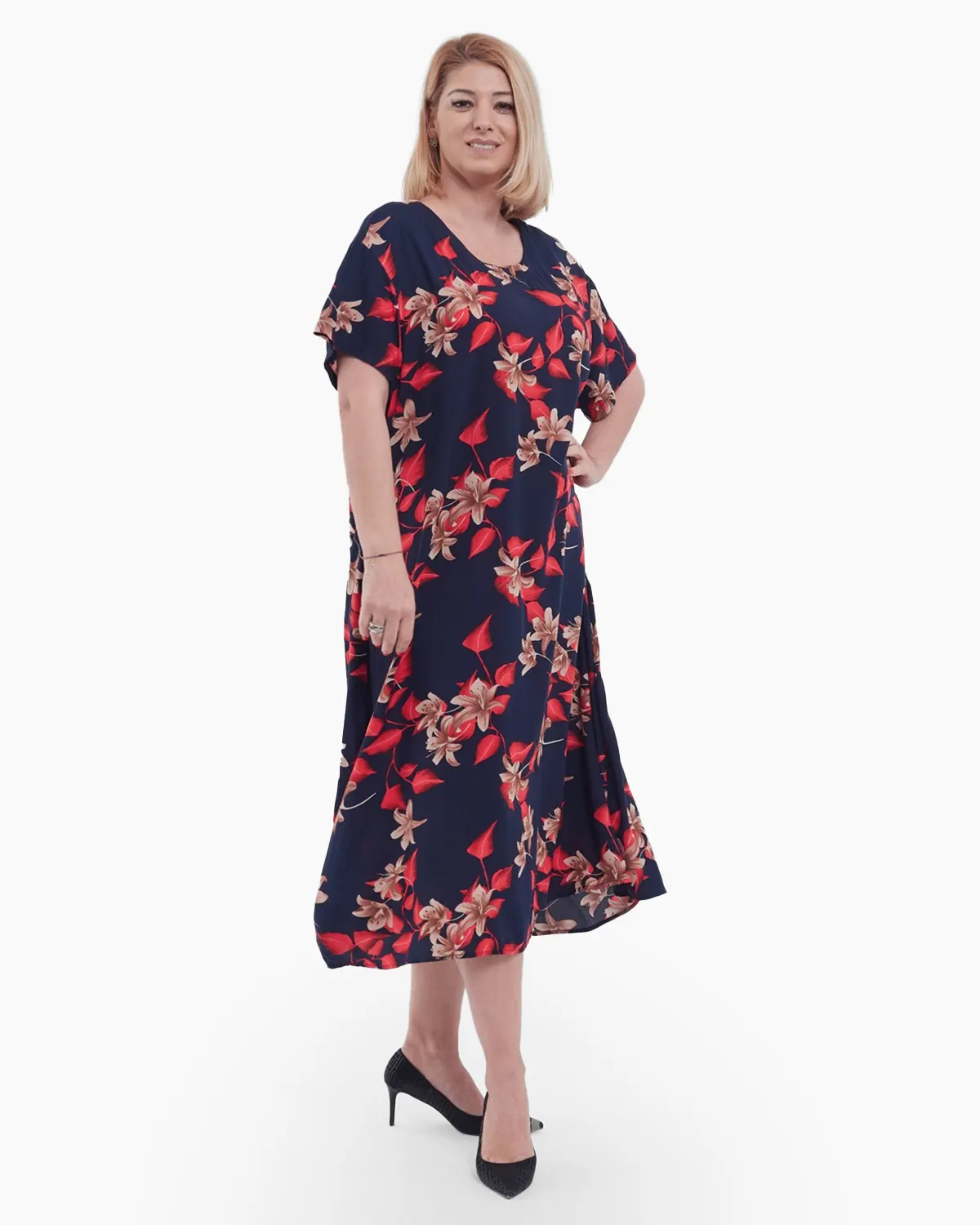 Rochie lunga de vara cu imprimeu floral diafan, maneci scurte, buzunare practice si croi lejer din viscoza fluida, bleumarin [1]