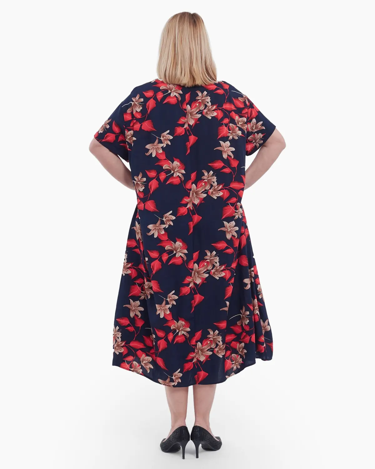 Rochie lunga de vara cu imprimeu floral diafan, maneci scurte, buzunare practice si croi lejer din viscoza fluida, bleumarin [2]