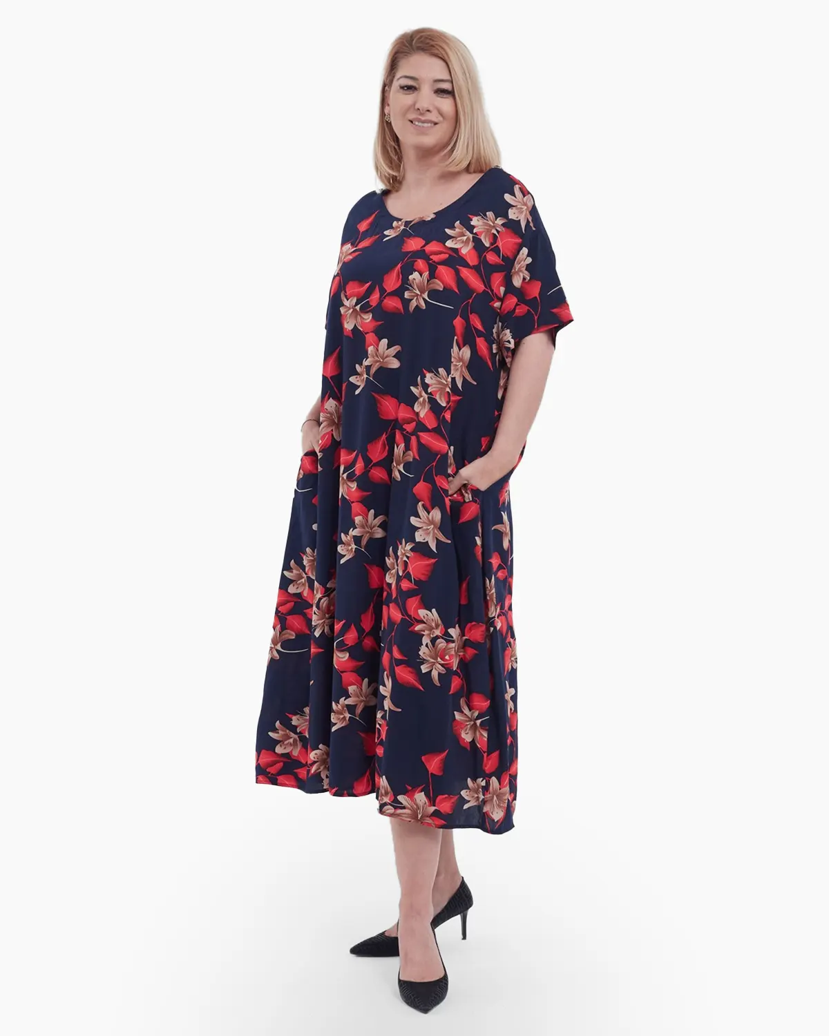 Rochie lunga de vara cu imprimeu floral diafan, maneci scurte, buzunare practice si croi lejer din viscoza fluida, bleumarin [3]