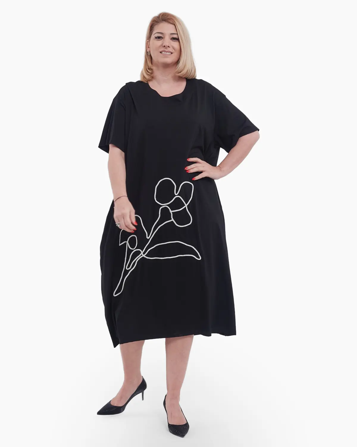 Rochii - Rochie lunga de vara din bumbac fin cu aplicatie florala aurie rafinata maneci scurte buzunare practice si croiala lejera casual negru
