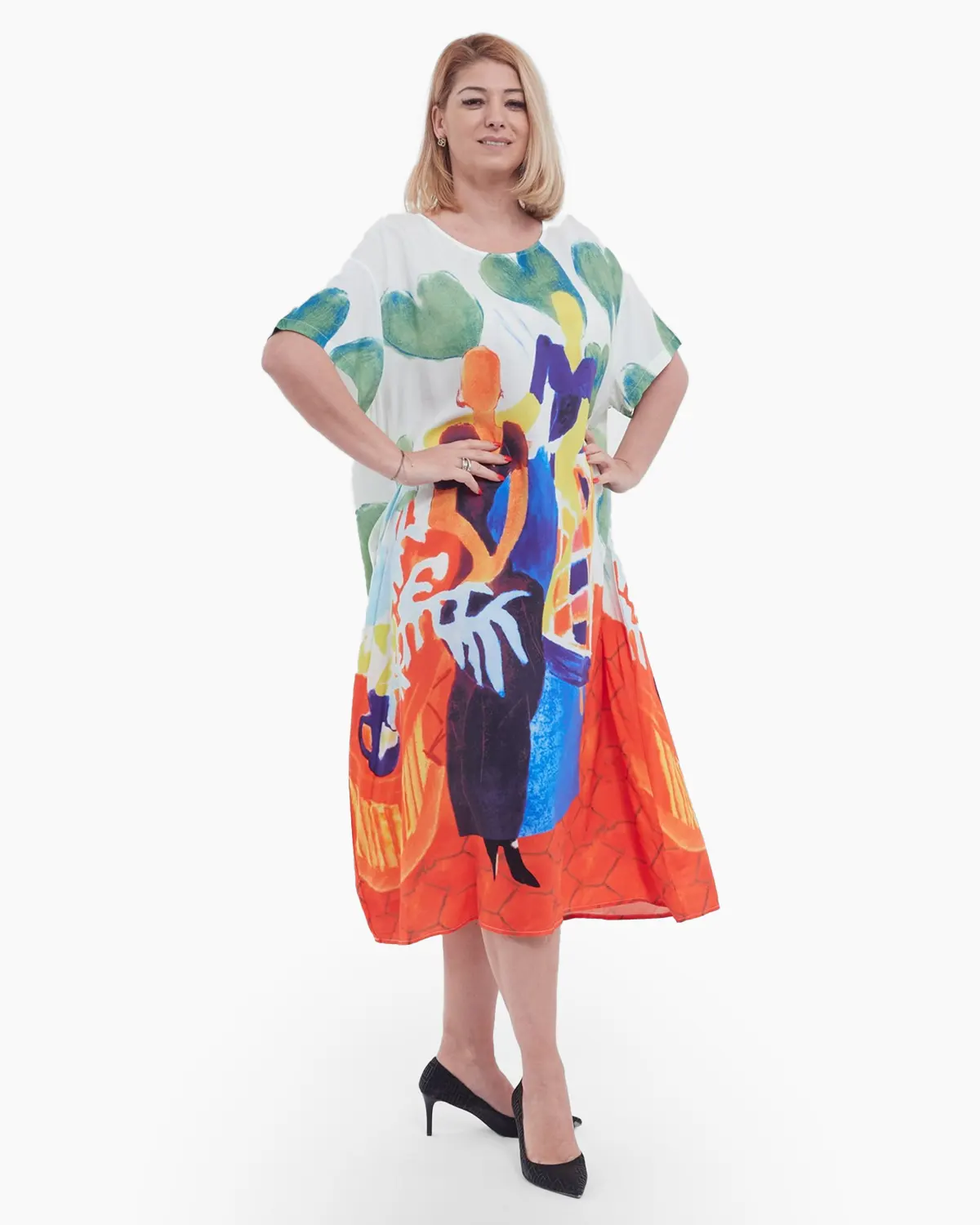 Rochii - Rochie lunga de vara din viscoza fluida, cu imprimeu abstract captivant, croi A lejer, buzunare practice si talie unica, multi