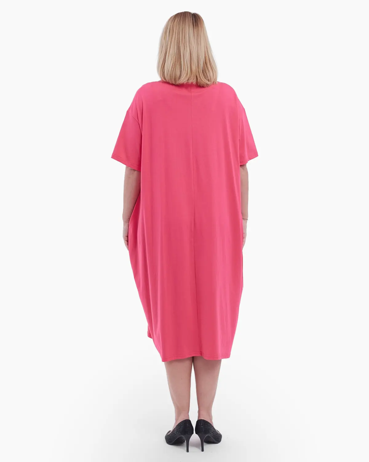 Rochie lunga de vara eleganta din bumbac cu maneci scurte detaliu floral auriu croiala A-line si buzunare ciclam [2]