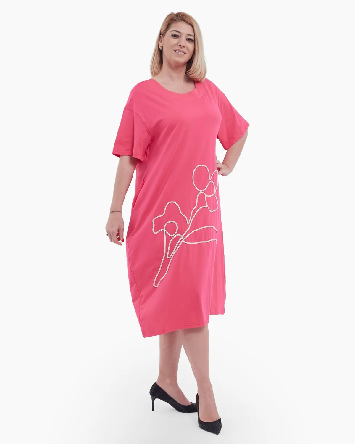 Rochie lunga de vara eleganta din bumbac cu maneci scurte detaliu floral auriu croiala A-line si buzunare ciclam [1]