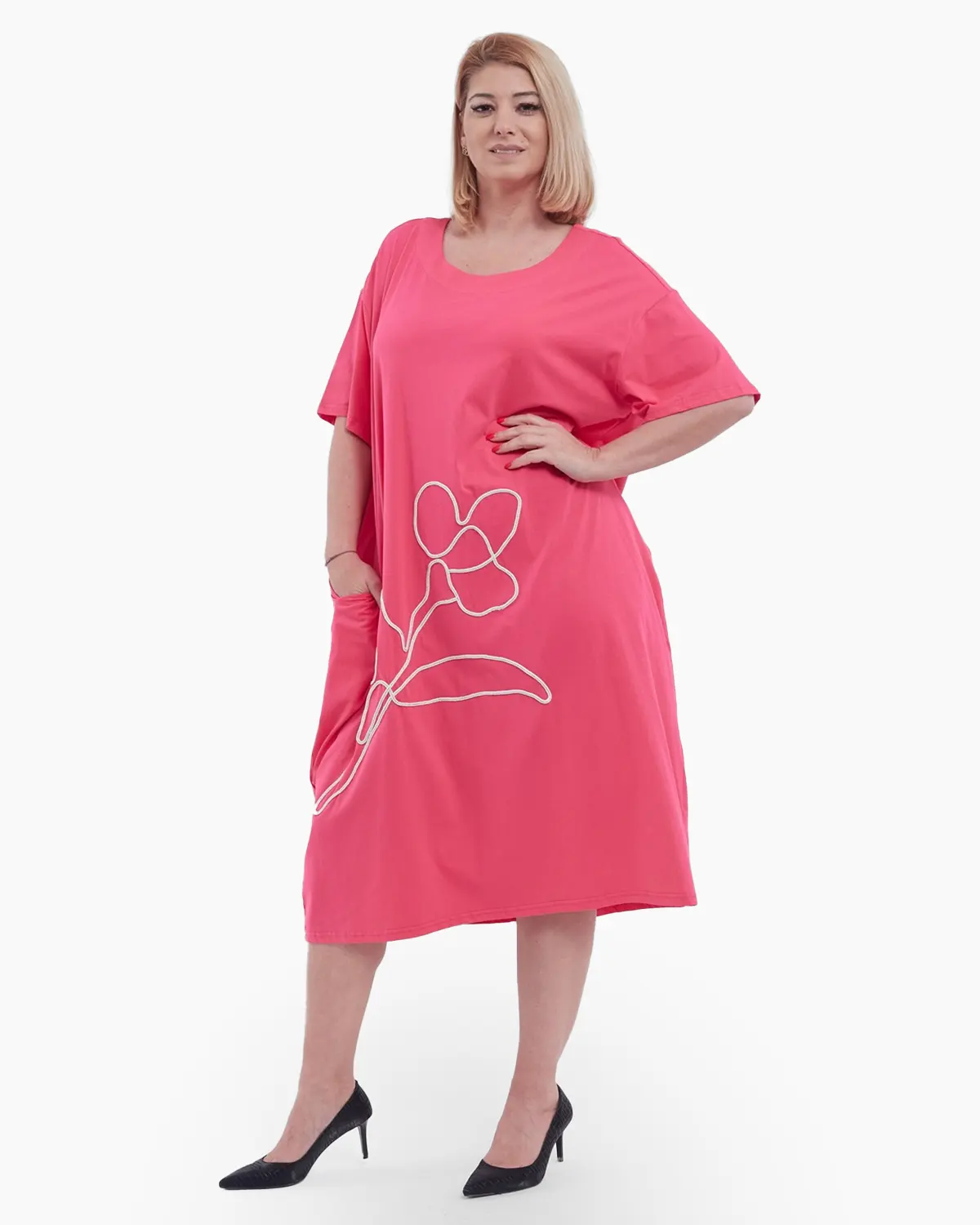Haine damă - Rochie lunga de vara eleganta din bumbac cu maneci scurte detaliu floral auriu croiala A-line si buzunare ciclam
