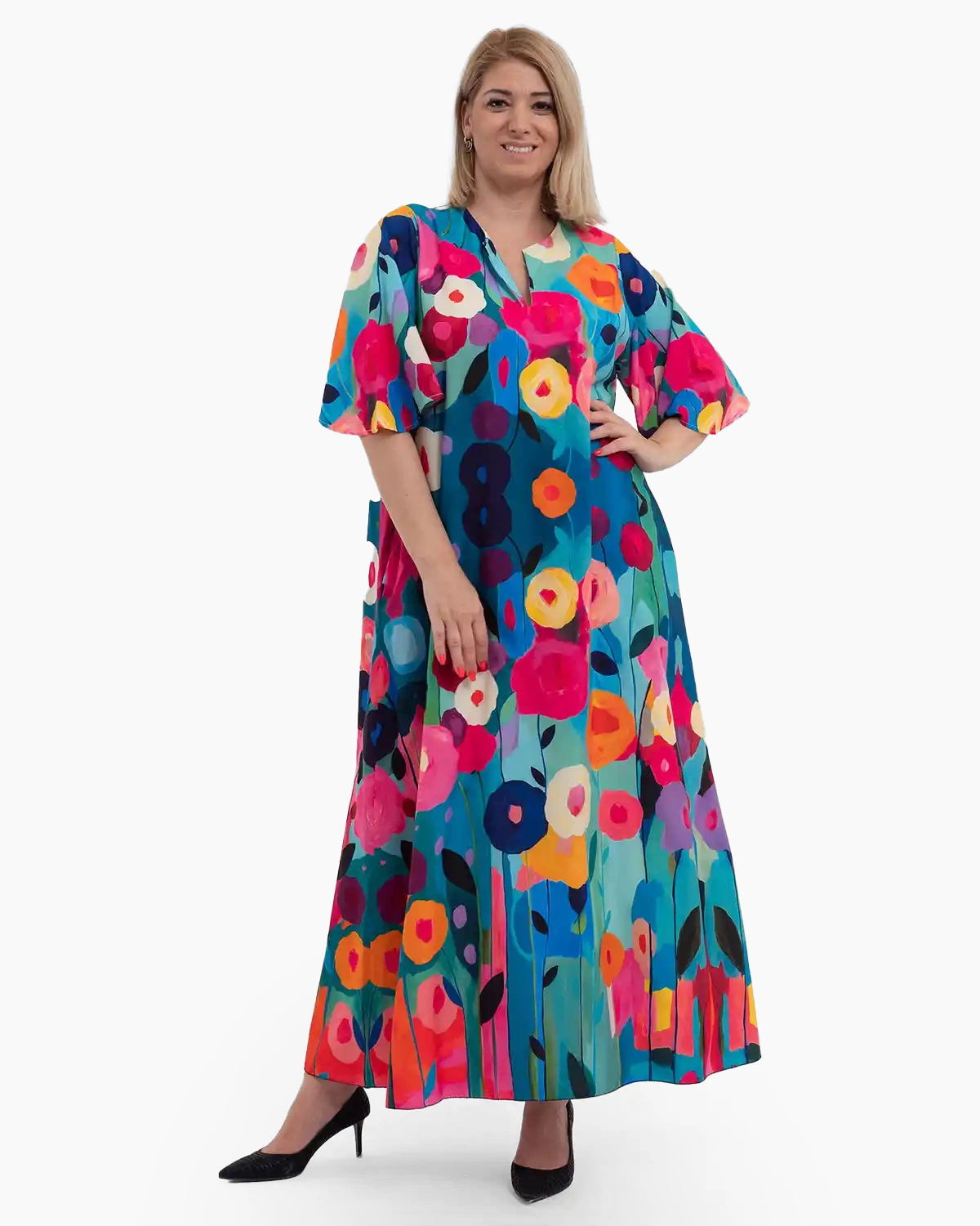 Rochii - Rochie lungă de vară multicoloră cu imprimeu floral