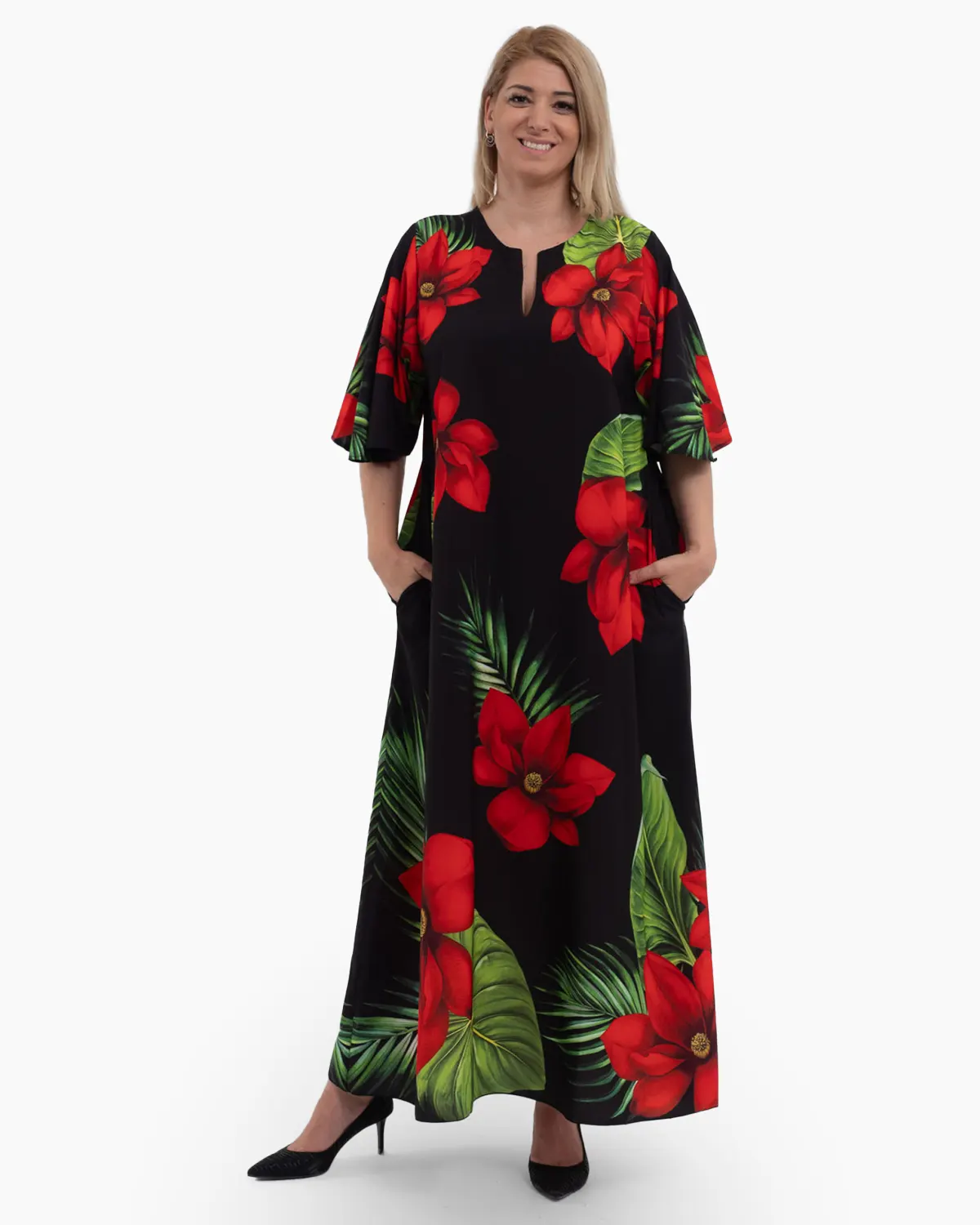 Rochii - Rochie lungă de vară neagră cu imprimeu floral