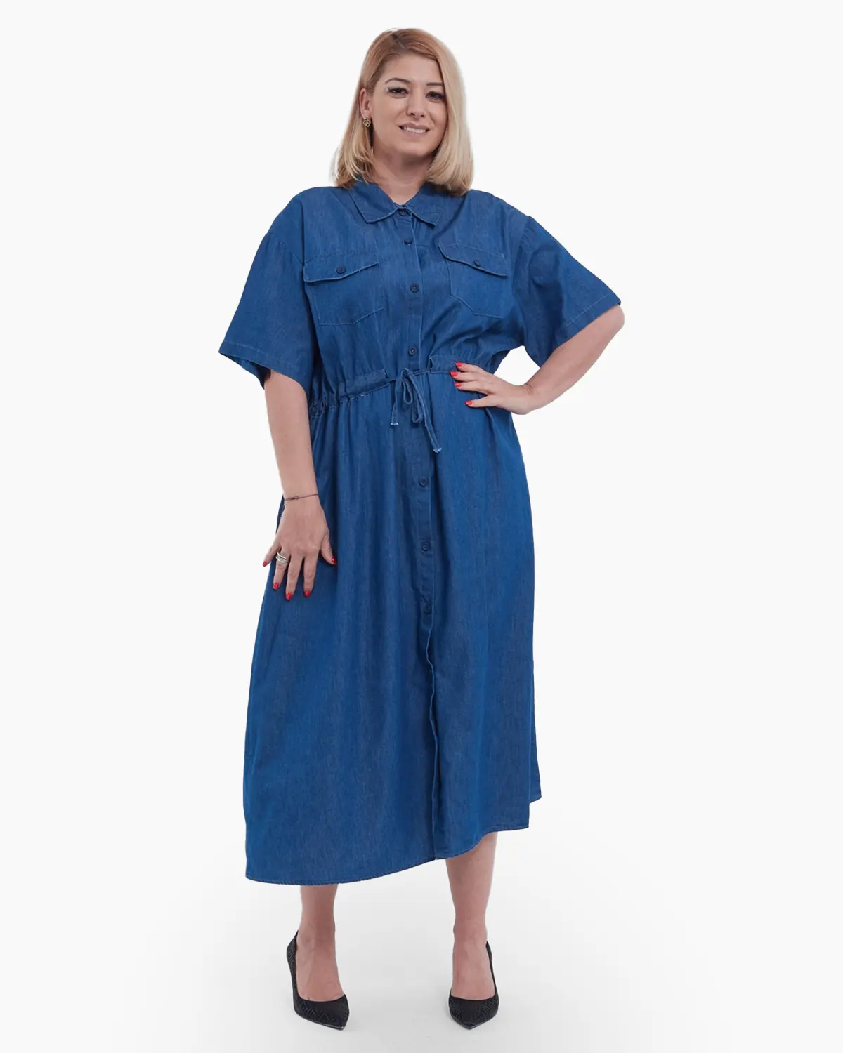 Rochii - Rochie lunga de vara tip camasa cu nasturi snur in talie umeri cazuti si buzunare discrete talie unica albastru