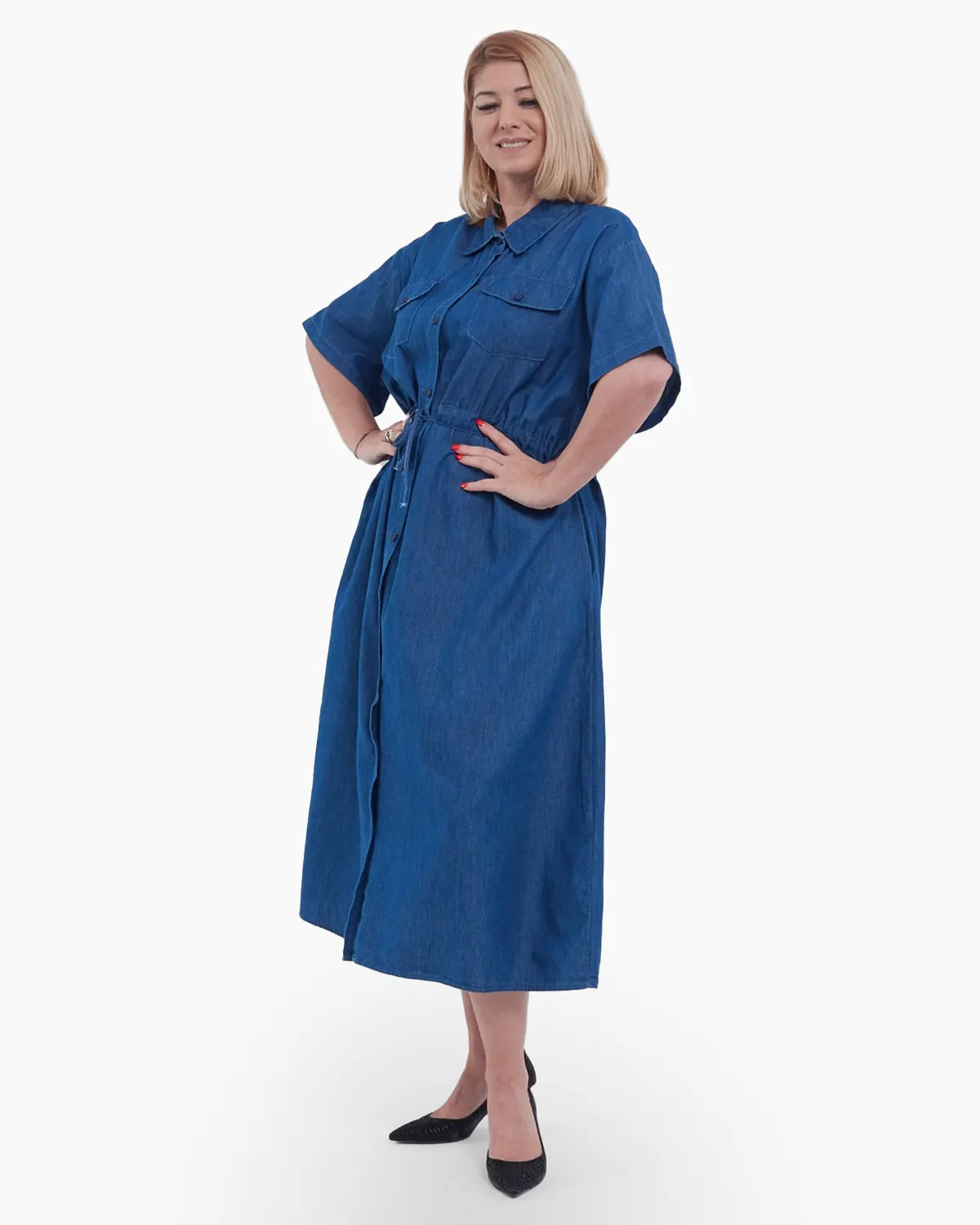 Rochie lunga de vara tip camasa cu nasturi snur in talie umeri cazuti si buzunare discrete talie unica albastru [3]